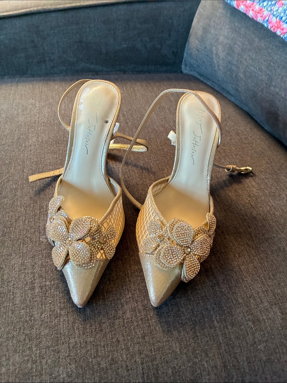 Betsy Johnson Gold Pointed Slingback Heels with Crystal Flower Accent 7
